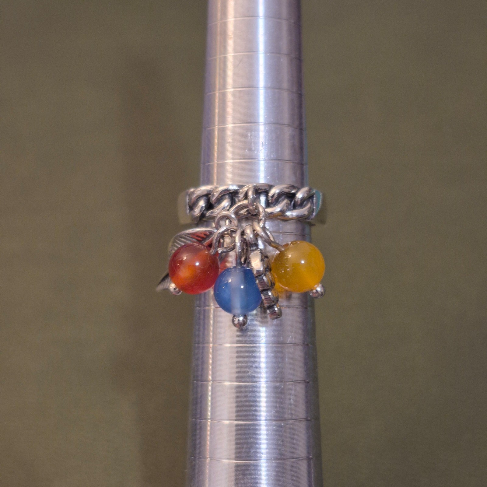 Sterling Silver Curb Link Ring | Grape, Vine Leaf & Chalcedony Charms Size 6.5