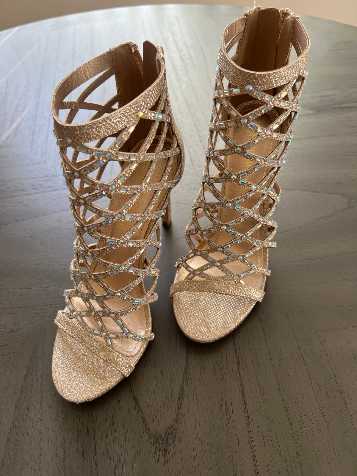 Gold Rhinestone Open Toe Strappy Heel Sandals