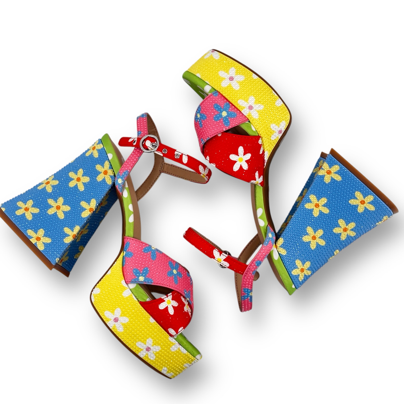 GB Ulti-Mate Floral Rainbow Rhinestone Platform Sandals Size 6 Y2K Throwback