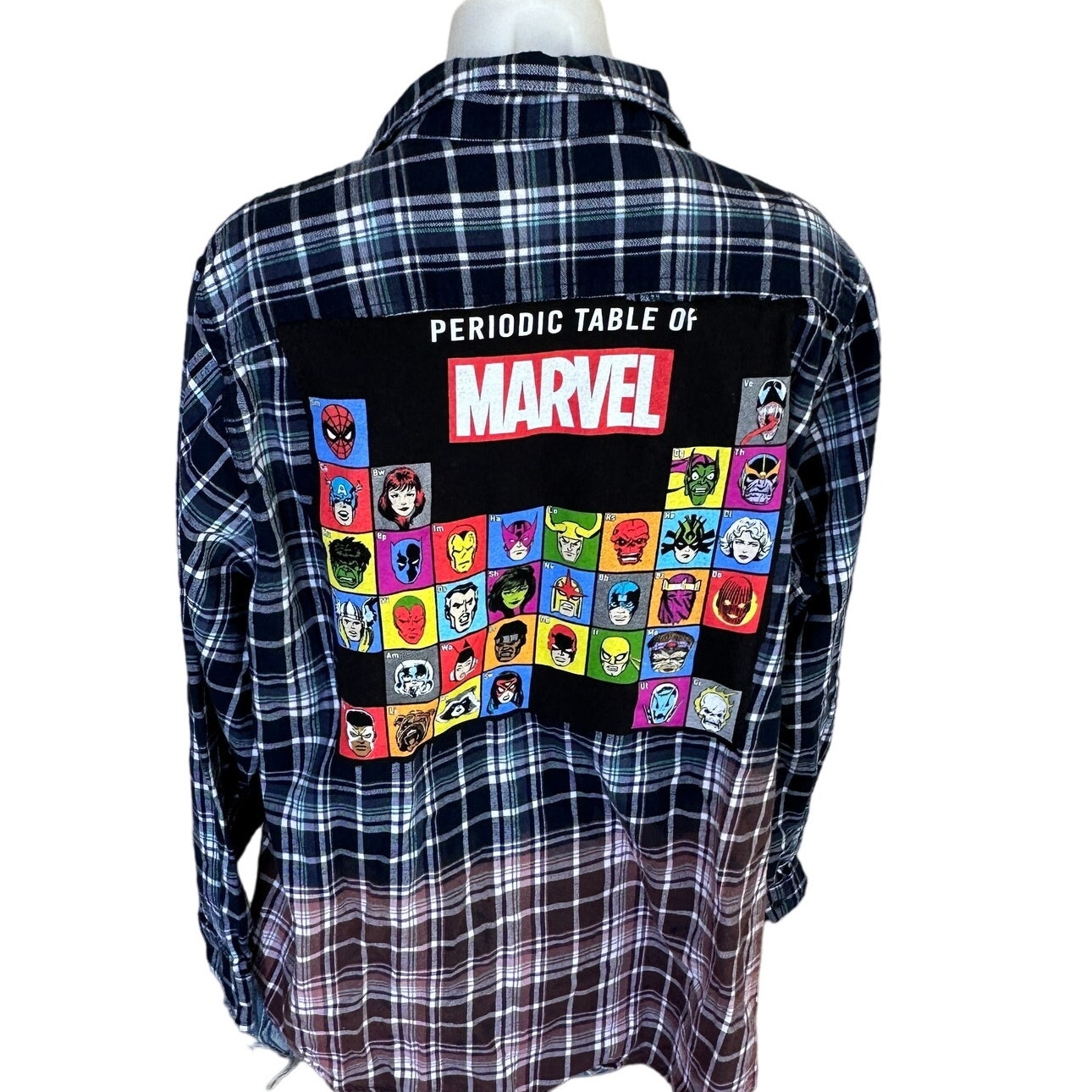 Marvel Periodic Table Plaid Flannel Shirt 3XL Oversize Upcycle Unique Geekcore