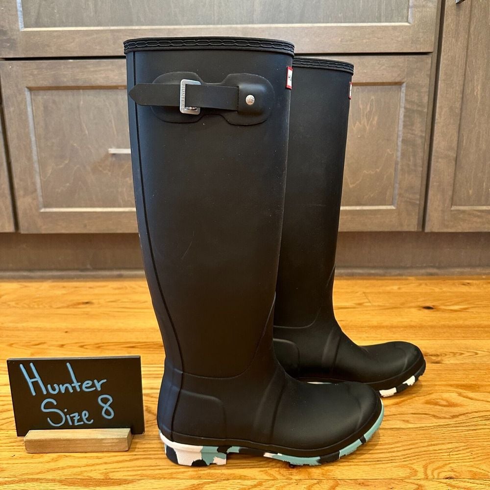 New Womens Hunter Original Tall Color Splash Black Rubber Rain Boots Size 8 M