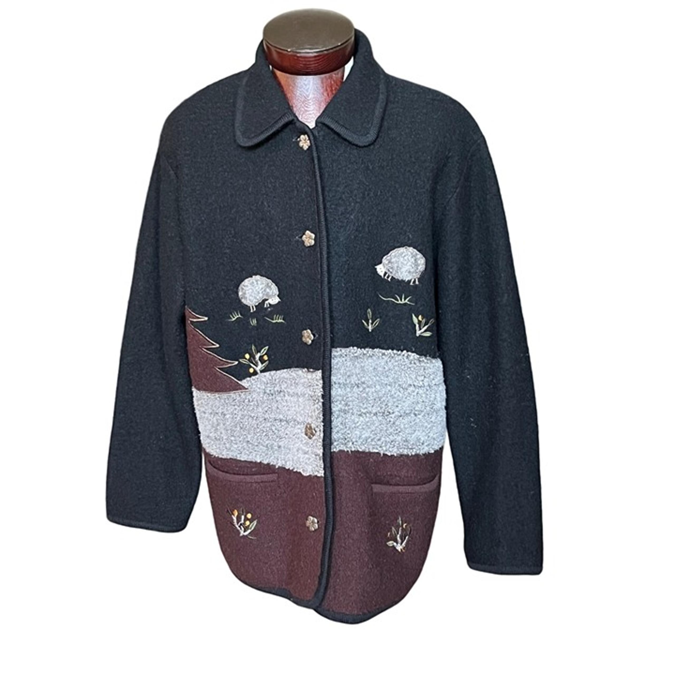 Bernardo Wool Cardigan Long Line  Black Brown Applique Sheep Size Medium