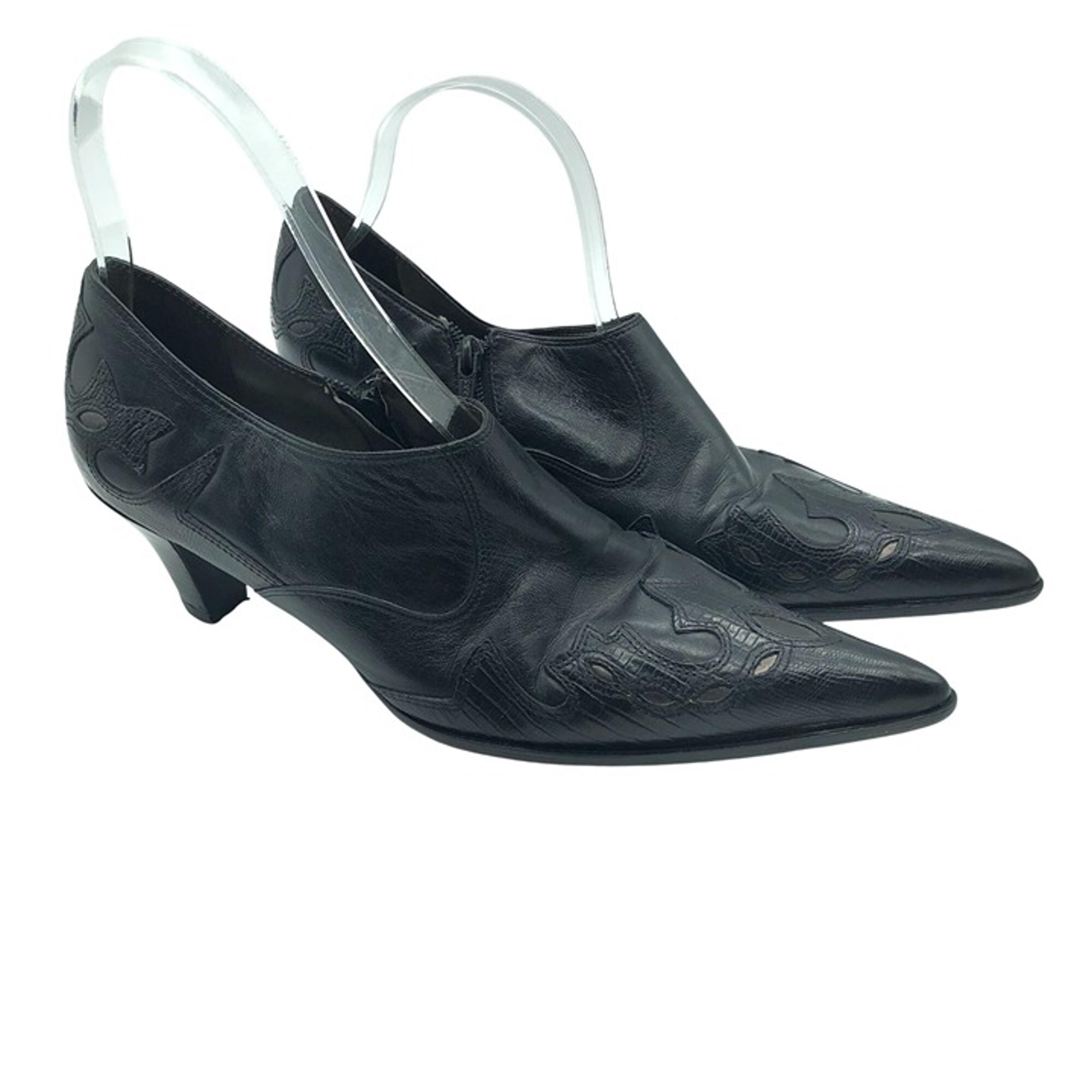 Anonio Melani Pointed Toe Leather Booties Heel Zip Closure Black 10