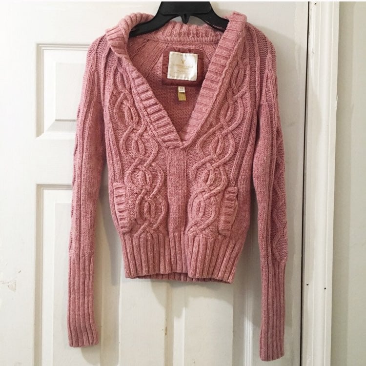 Cable Knit V Neck Collar Pocket Sweater