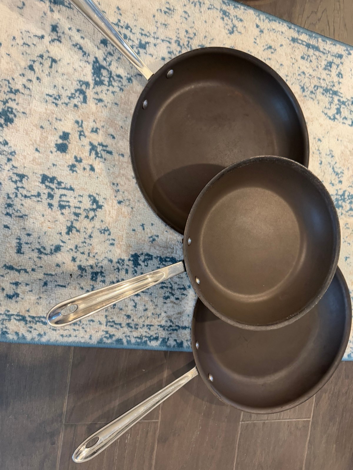 Set of 3 All clad non stick frying pans 10 and 12 inch with stay cool handle
