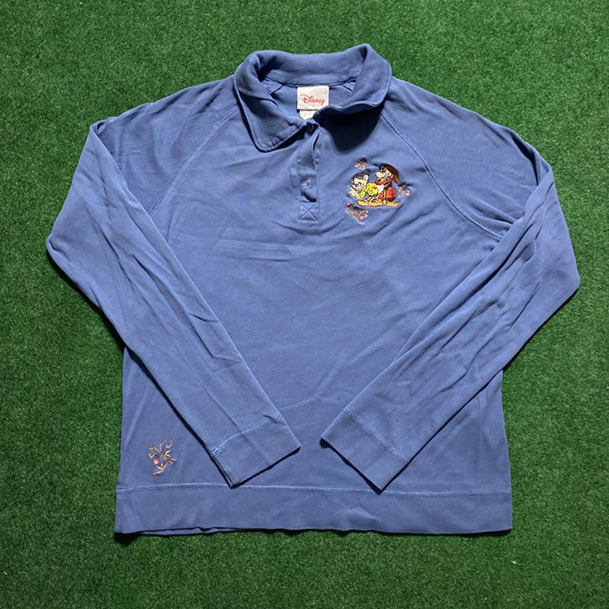 Vintage Womens Disney Store Grumpy & Dopey Polo Shirt Steel-Blue Small