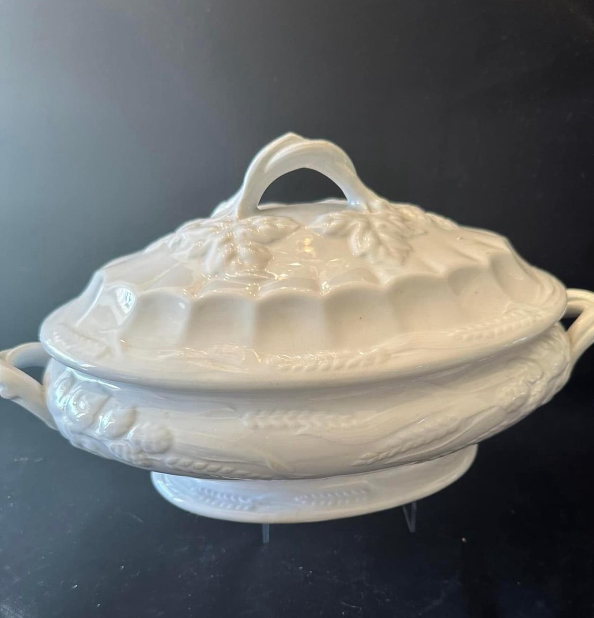 Antique white ironstone Edward Pearson Codbrige wheat and hops covered oval dish