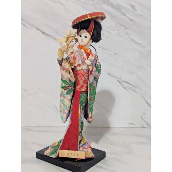 Vintage Japanese Geisha Doll in Kimono with Flowers Lovely Silk Gown on Display