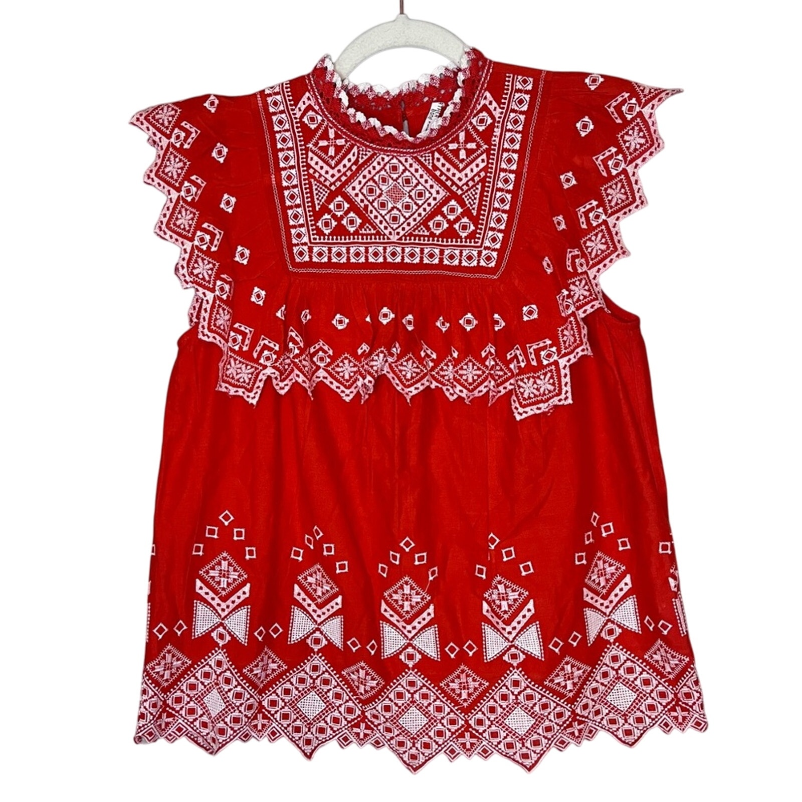 Featherbone by Anthropologie Embroidered Eyelet Lace Cotton Blouse Red White 4