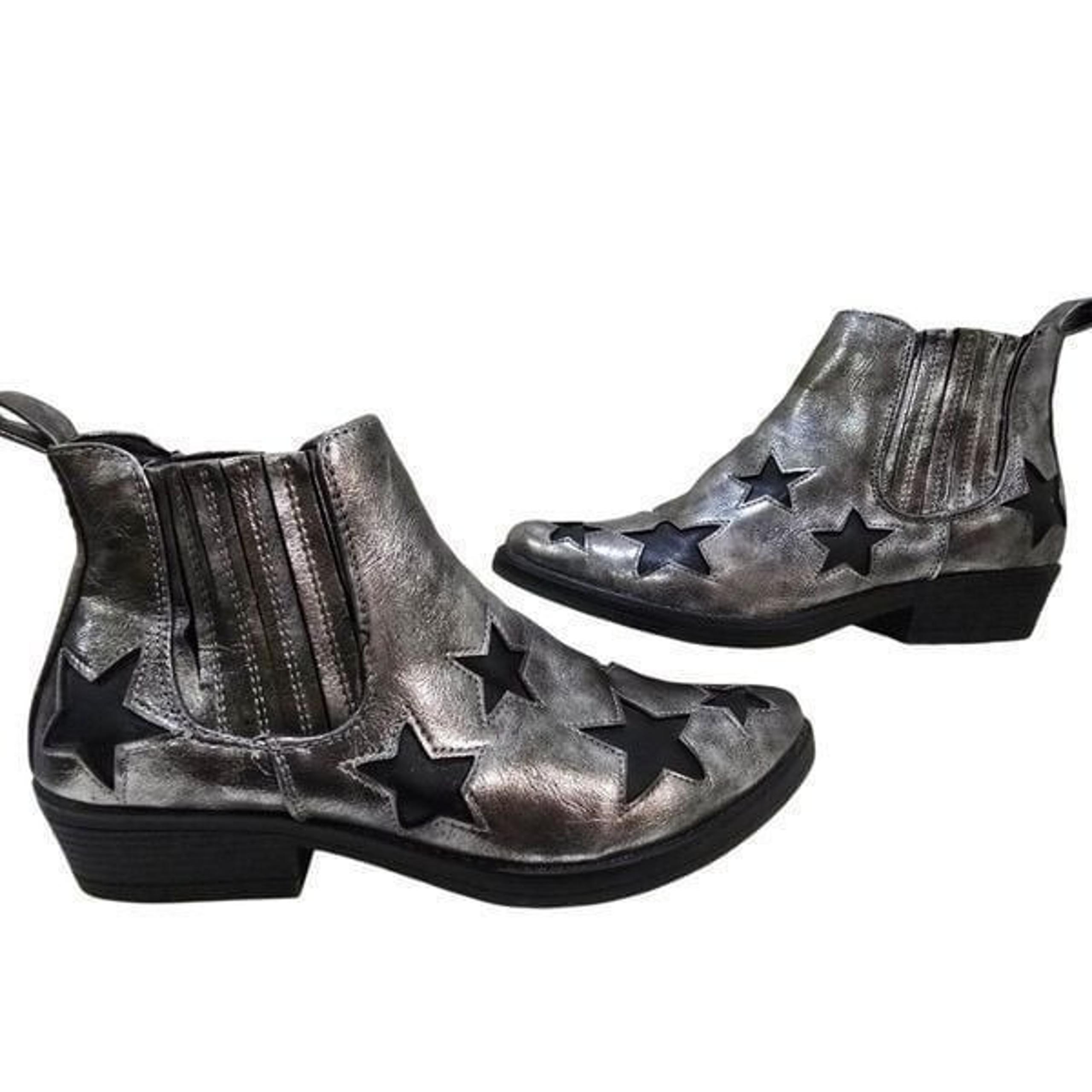 Seven7 Rock Star Bootie Pewter/Black Cutout Stars Faux Leather Metallic Size 7