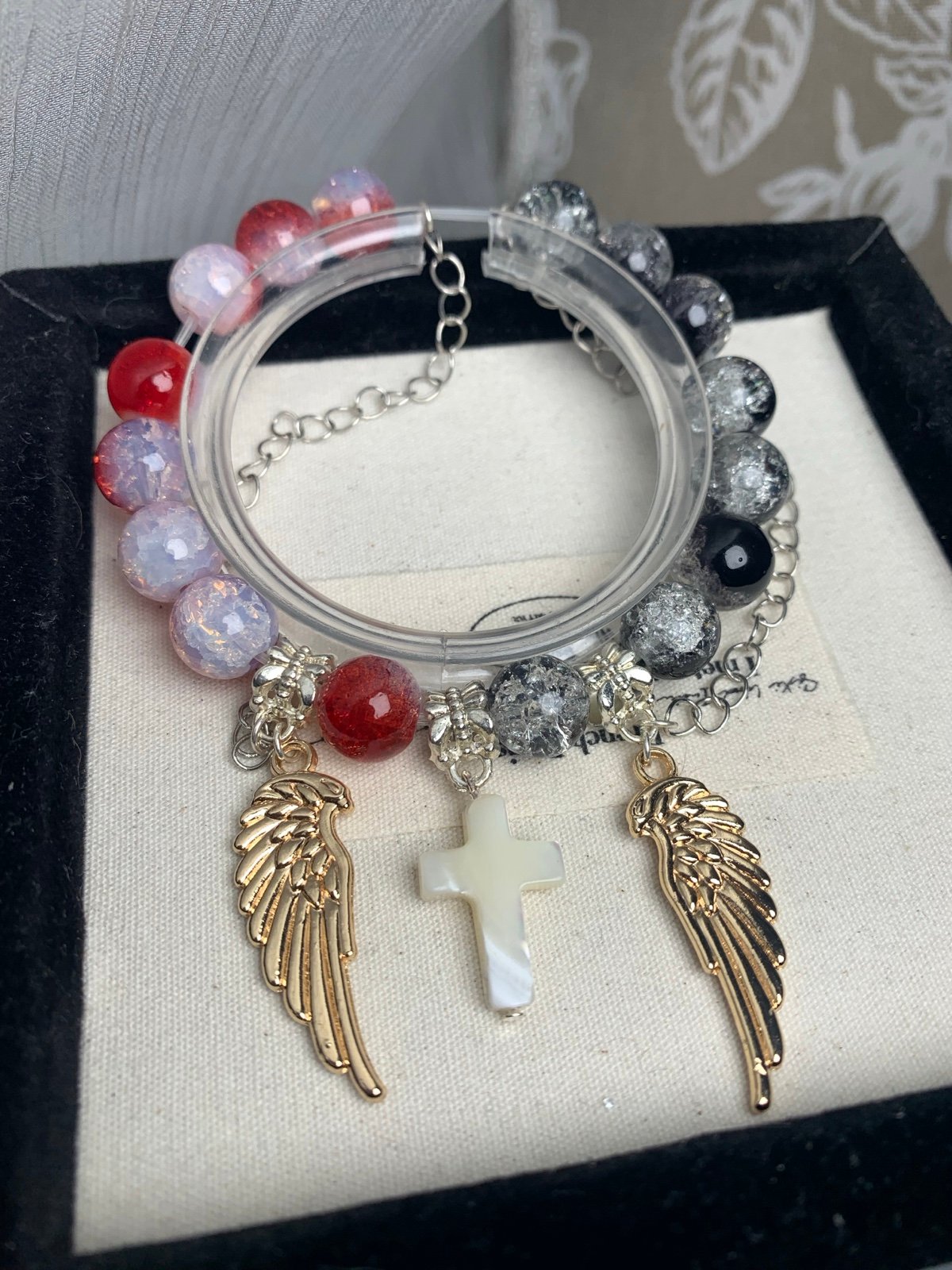 Red&black glass beeds bracelet with cross wing bracelet