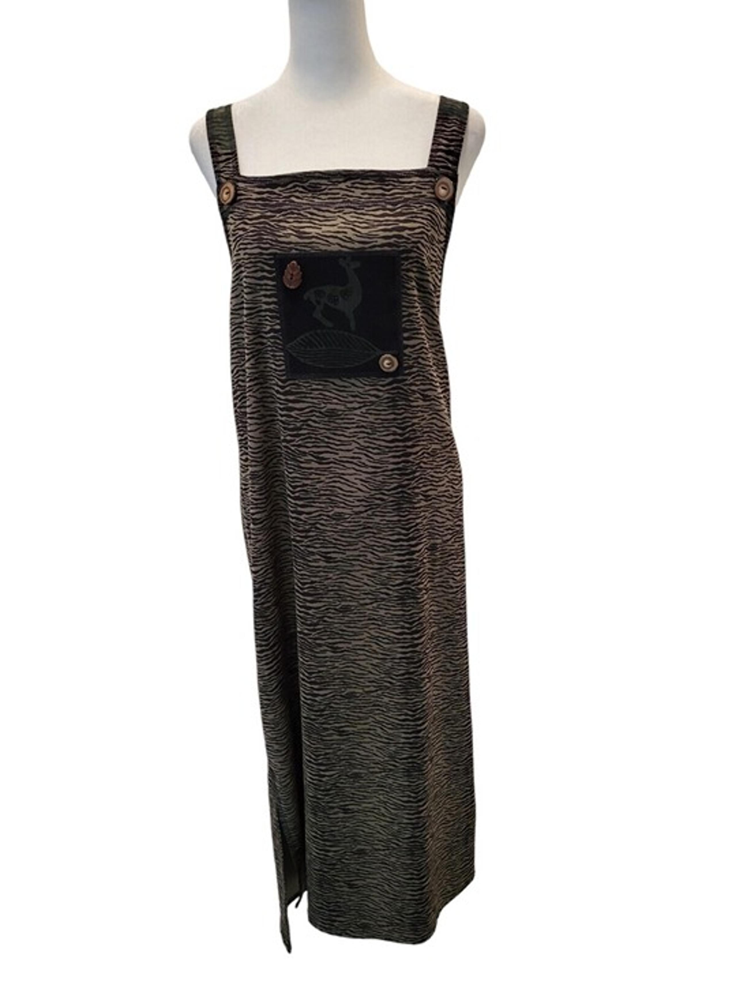Nina Piccalino Women's L Green Black Animal Print Overall Dress Slits Deer 0462