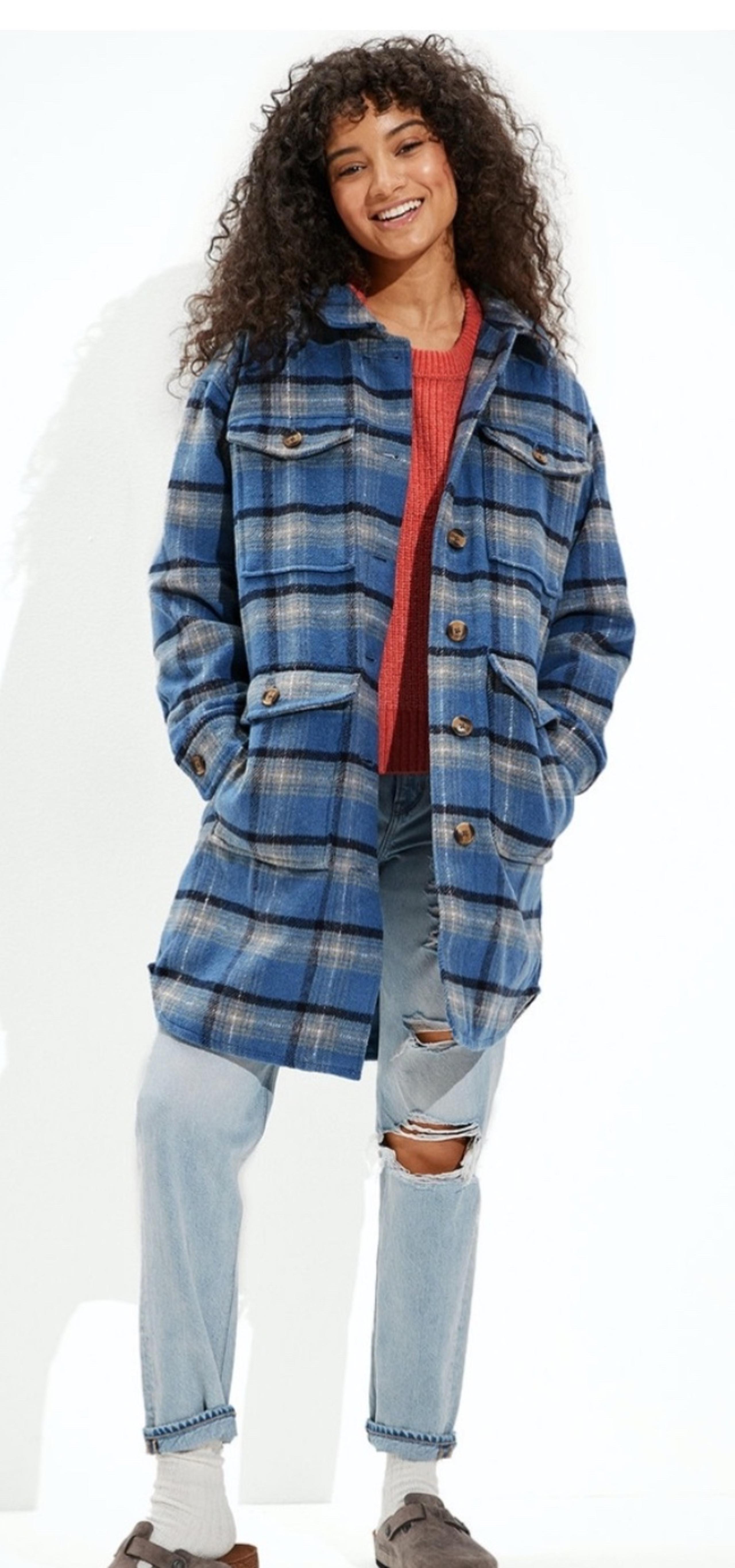 American Eagle Oversized Brushed Plaid Shacket Blue Jacket Women’s Size M