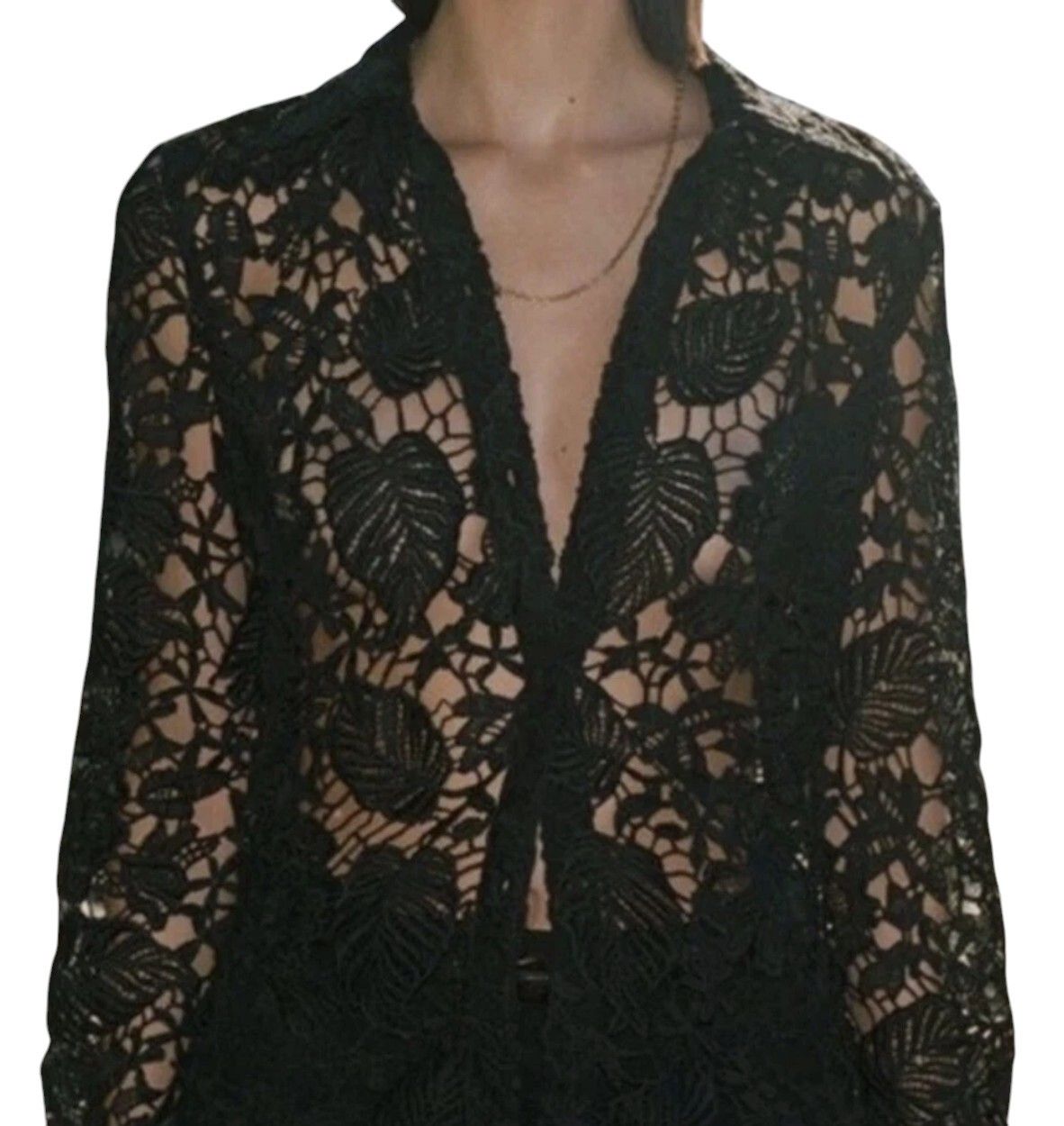 Nili Lotan Sexy Black Open Lace Crochet Designer Long Sleeve Blouse 695
