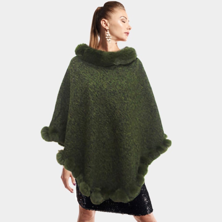 Faux Fur Collar Trim Poncho