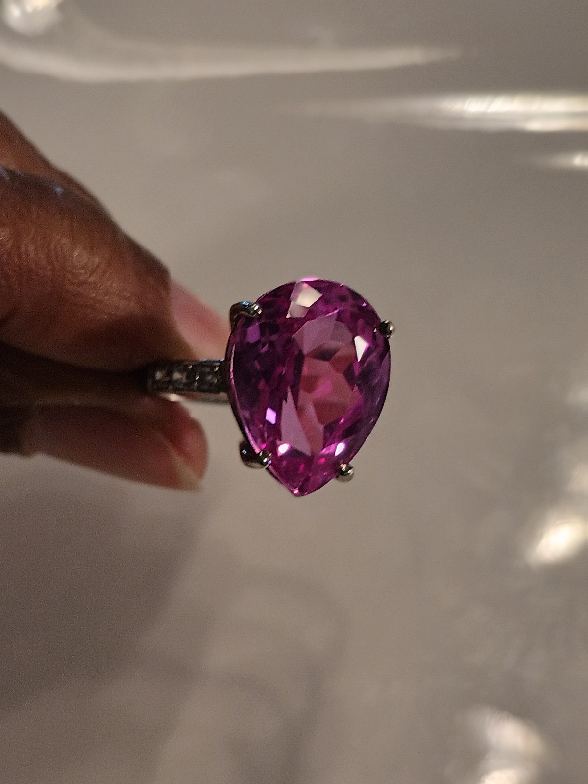 Sterling silver pink pear shaped gemstone ring 8.5