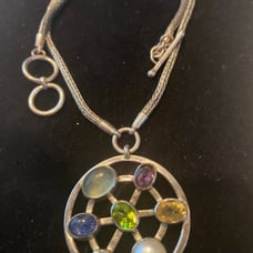 Vintage 925 STERLING SILVER W/CABUCHON STONES & PEARL PENDENT NECKLACE