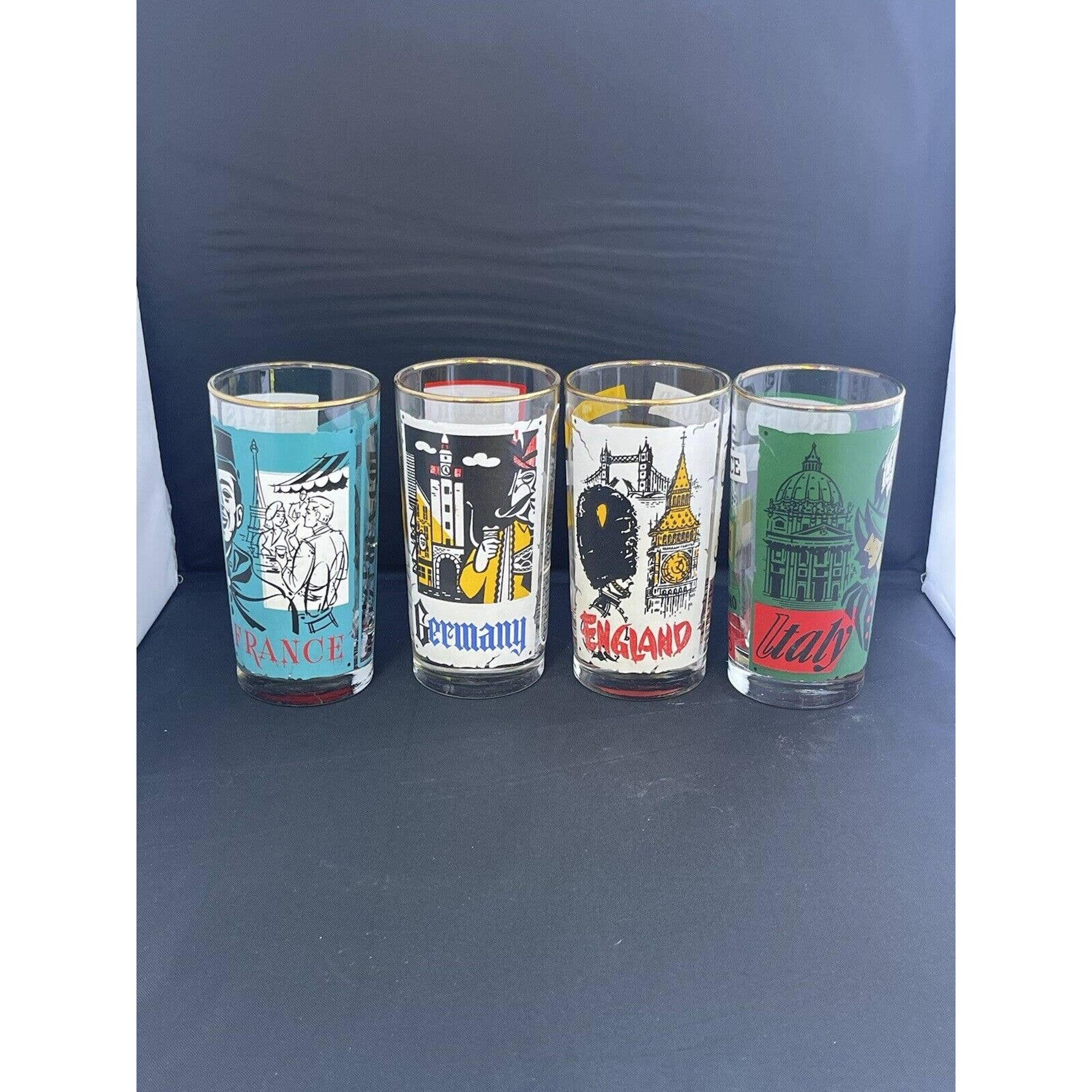 Vintage-Around the World Coca Cola Drinking Glasses Set Of 4 RARE 4 Countries