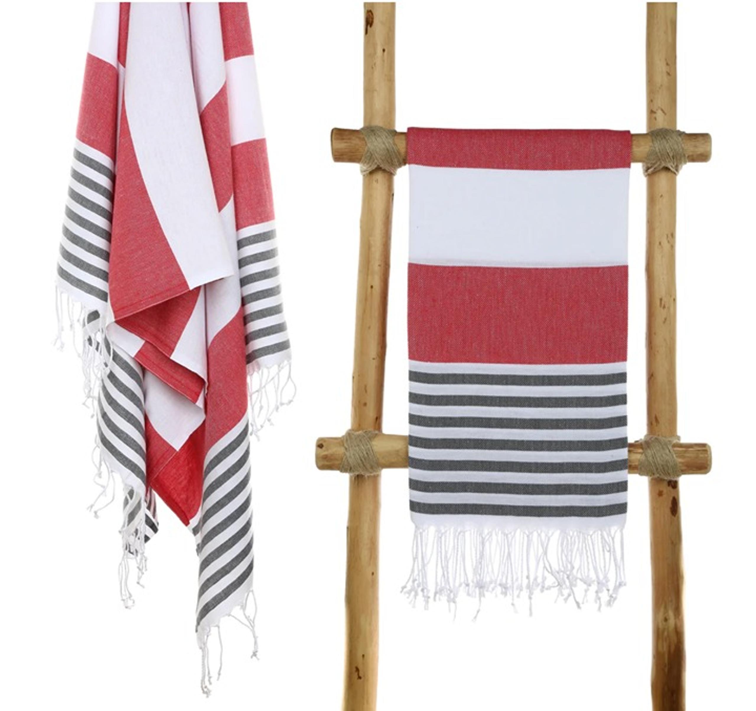 4 Turkish Towel Set - Red Anthracite Striped Turkish Cotton Beach Bath Towels