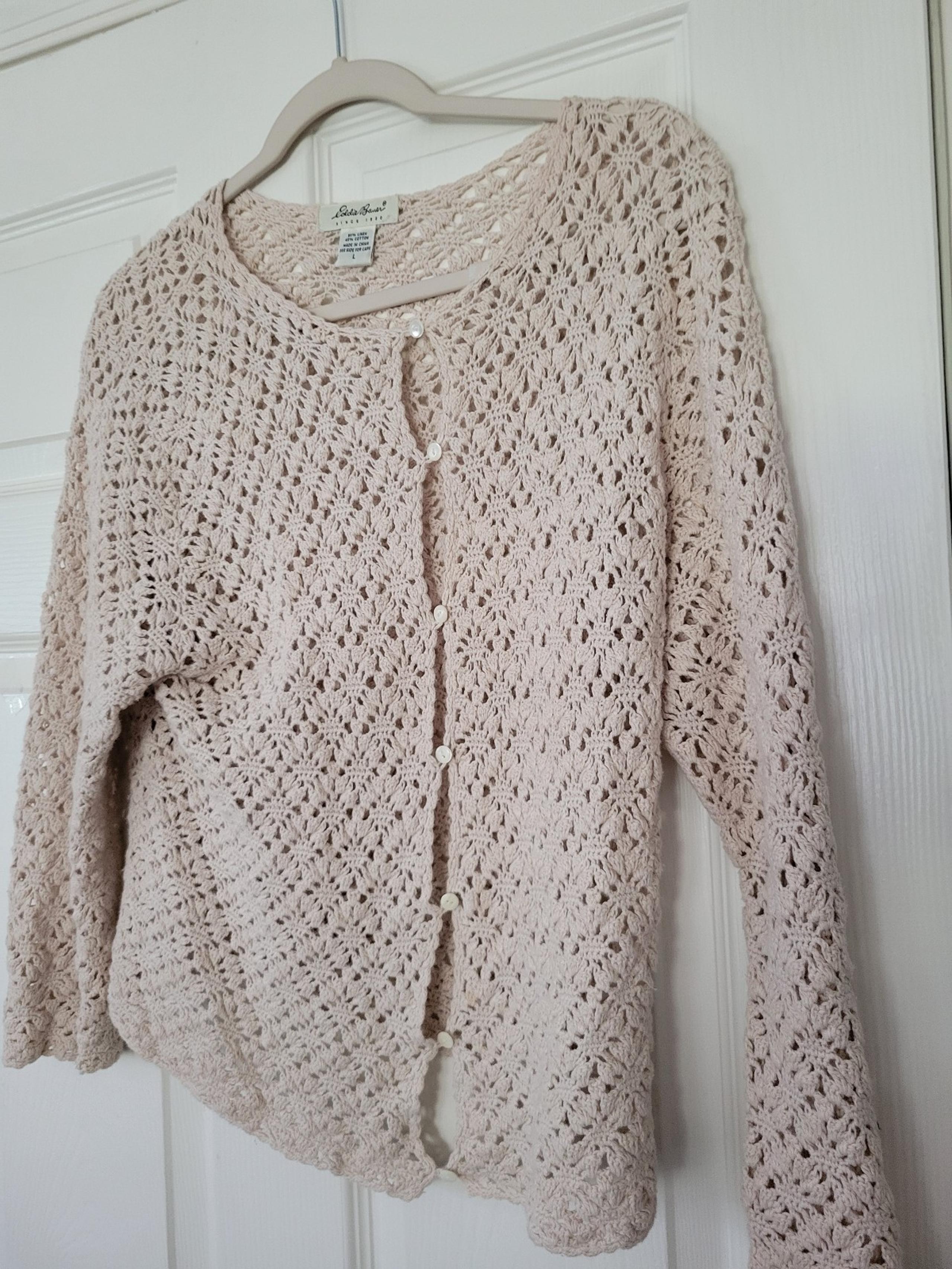 EDDIE BAUER Womens Cream Crochet Open Knit Cardigan Size Large Boho Granny Clean