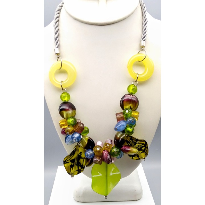Bold Vintage Bib Necklace, Unique Fashion with Crystals Art Glass and Colorful
