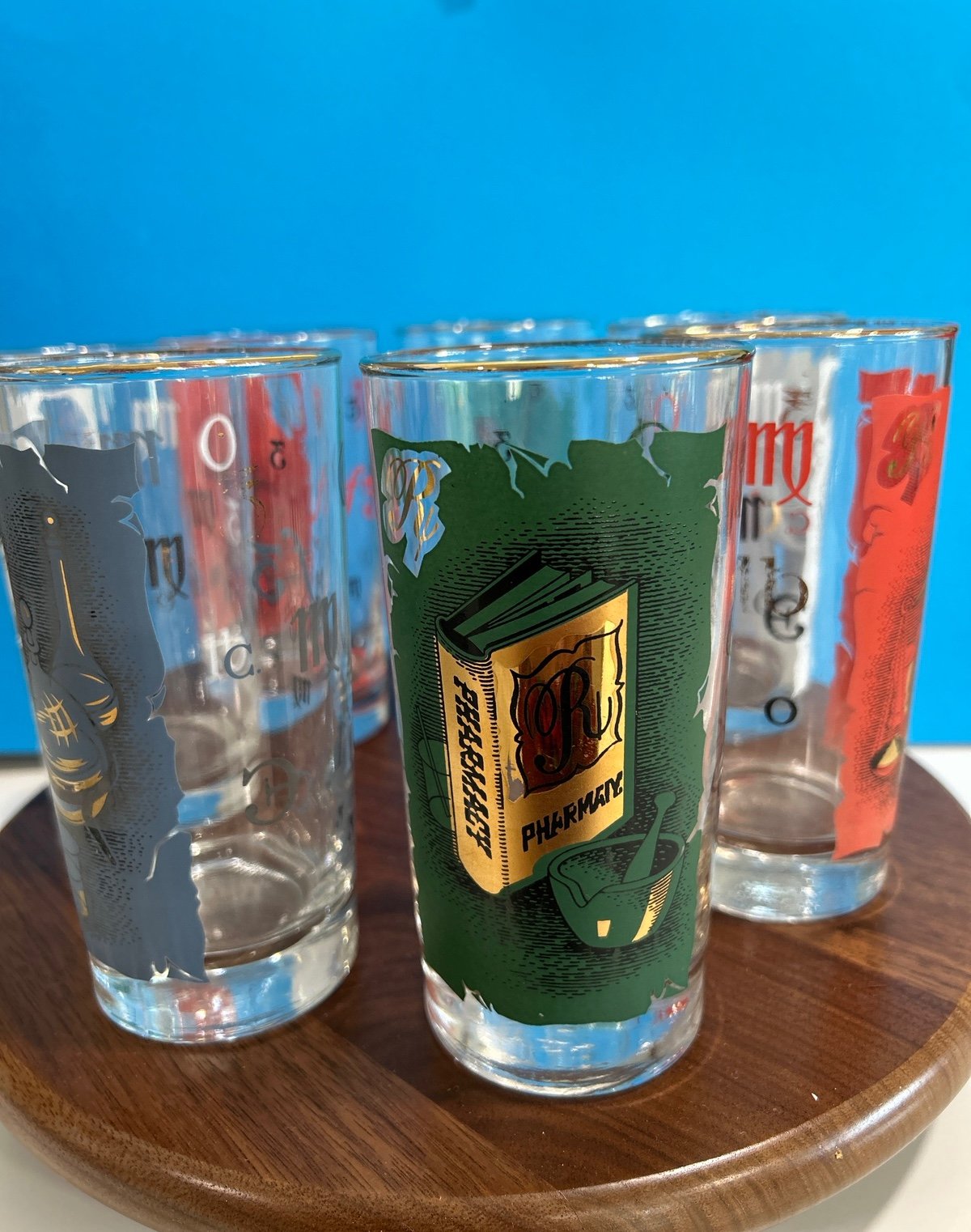 Vintage Apothecary Pharmacy Cocktail High Ball Tumblers set of 7