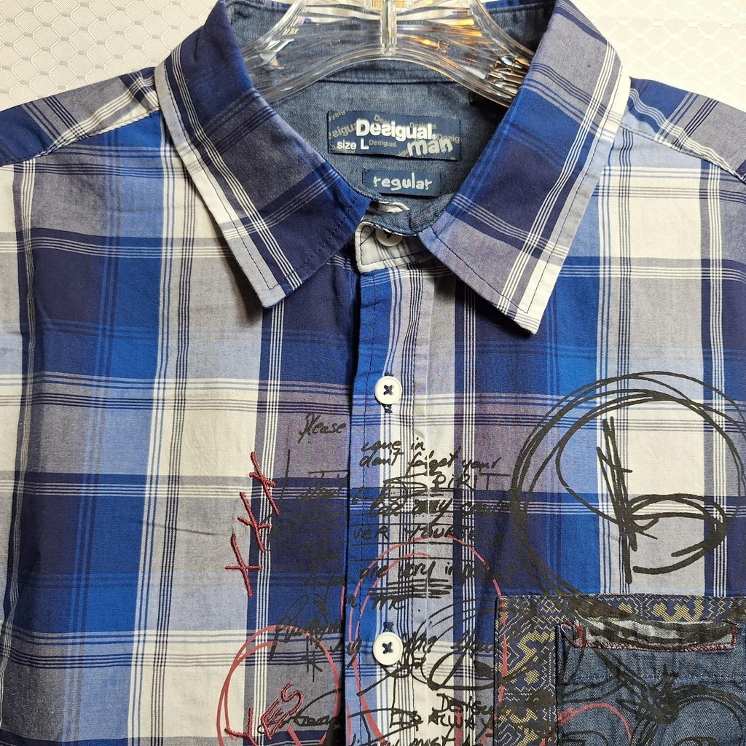 DESIGUAL Man Button-Up Embroidered Shirt Sz L Blue Black Plaid Rockabilly L/S