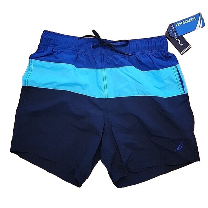 Nautica Mens Small Quick-Dry Tri-Block Swim Trunks Navy Blue Aqua NWT 60
