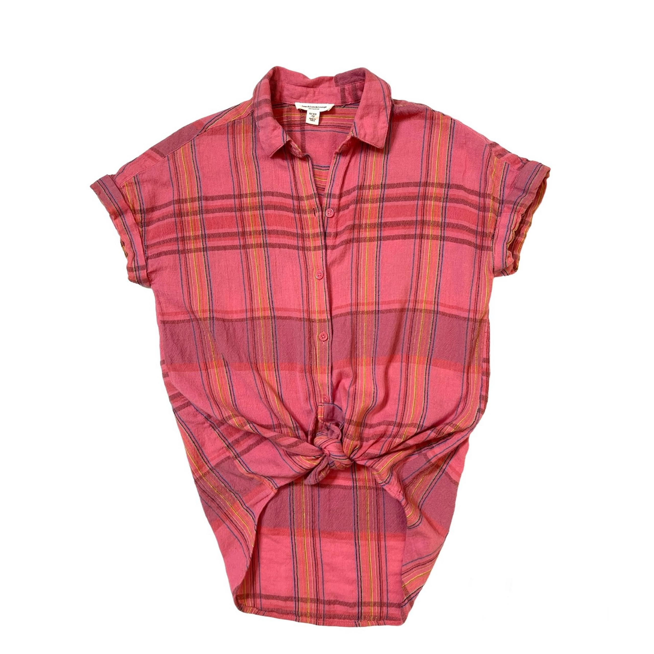 Beach Lunch Lounge Pink Plaid Button Down Short Sleeves Shirt Sz XS Women