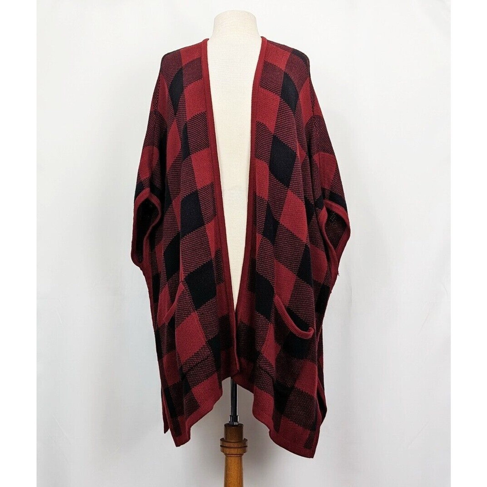 Denim & Co Poncho Sweater Red Black Jacquard Plaid Open Front Missy Size