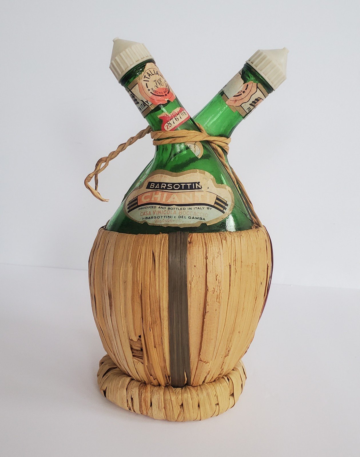 Rare Vintage Double Italian Chianti Glass Bottles Raffia Wrapped EMPTY