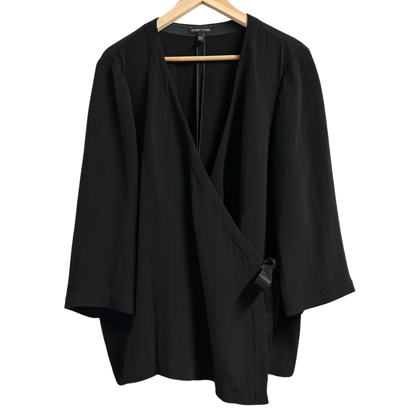 Eileen Fisher Womens XL Top Black Wrap Kimono Crepe Silk Rayon Elegant Layered