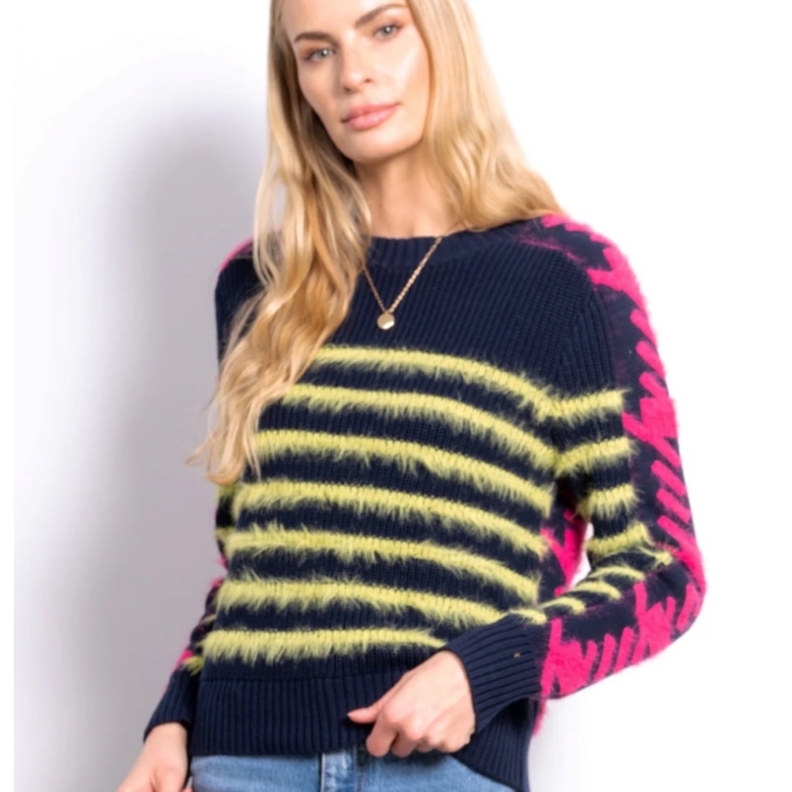 Central Park West NY Navy Neon Pink Yellow Stripe Houndstooth Sweater Womens S