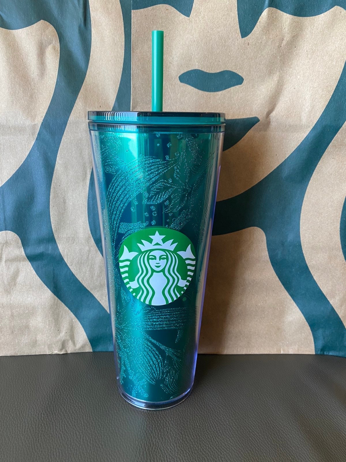 Starbucks Tumbler Green Floral W/Glitter