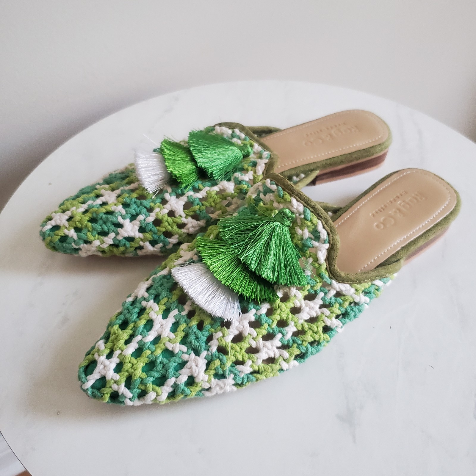 New Mariana Green Woven Flat Mules with Tassels Sz 8