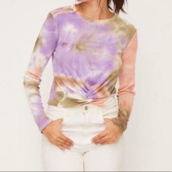 LUSH Women's Crop Top Long Sleeve Peach and Olive Tie-Dye Twist small