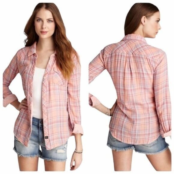 Kendra Pink Plaid Button Up Gauzy Cotton Shirt Women's Small Oversized