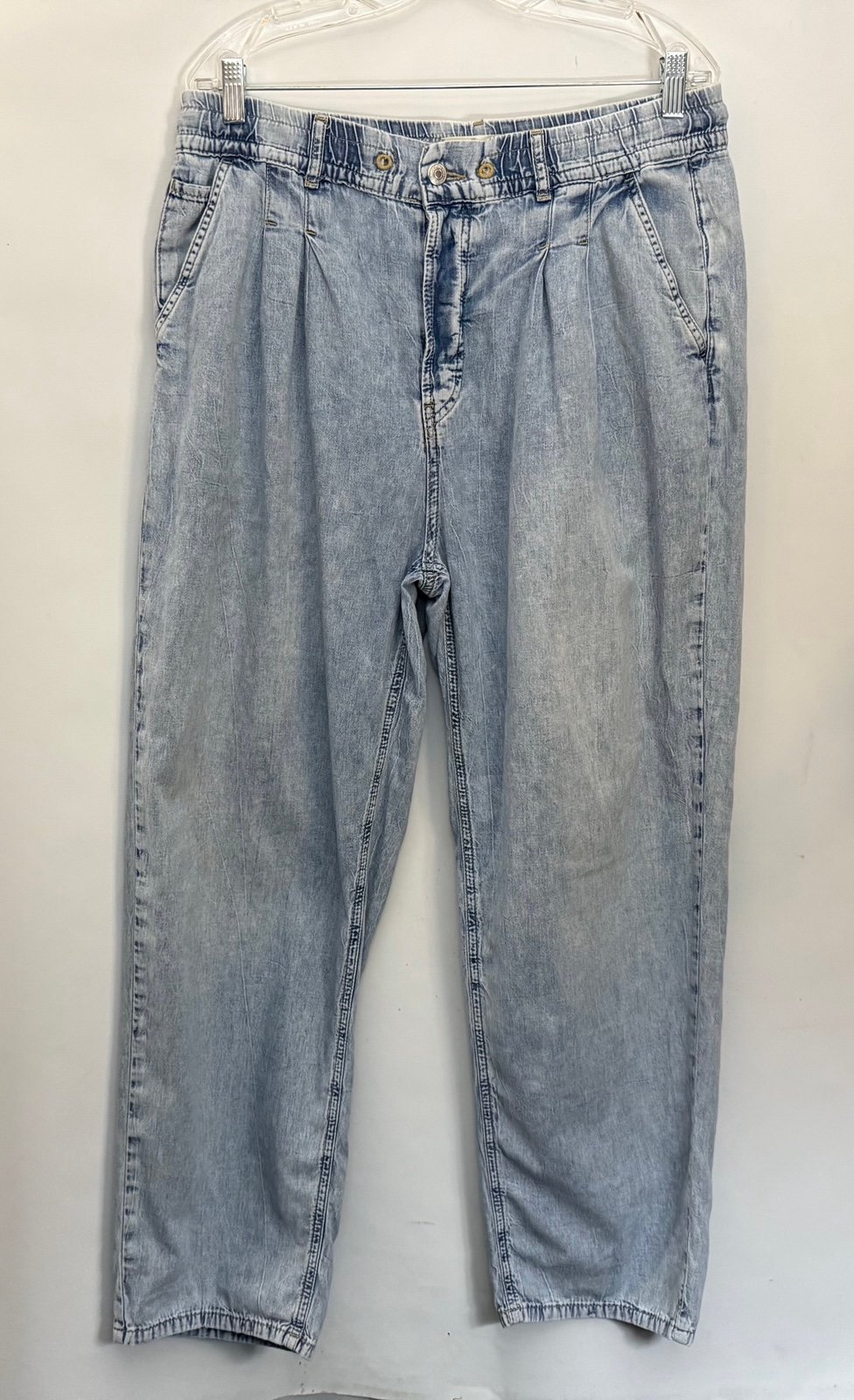 FREE PEOPLE WE THE FREE Jeans L 34x29 Pleated Baggy WideLeg Distressed High Rise