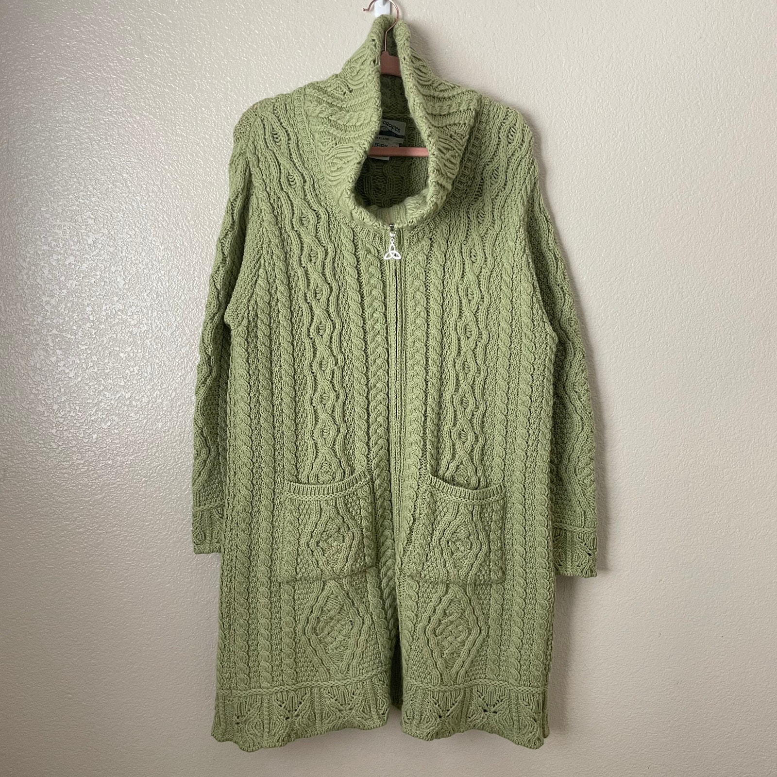 Aran Crafts Cardigan Womens XL Green Merino Wool Cable Knit Fisherman Sweater