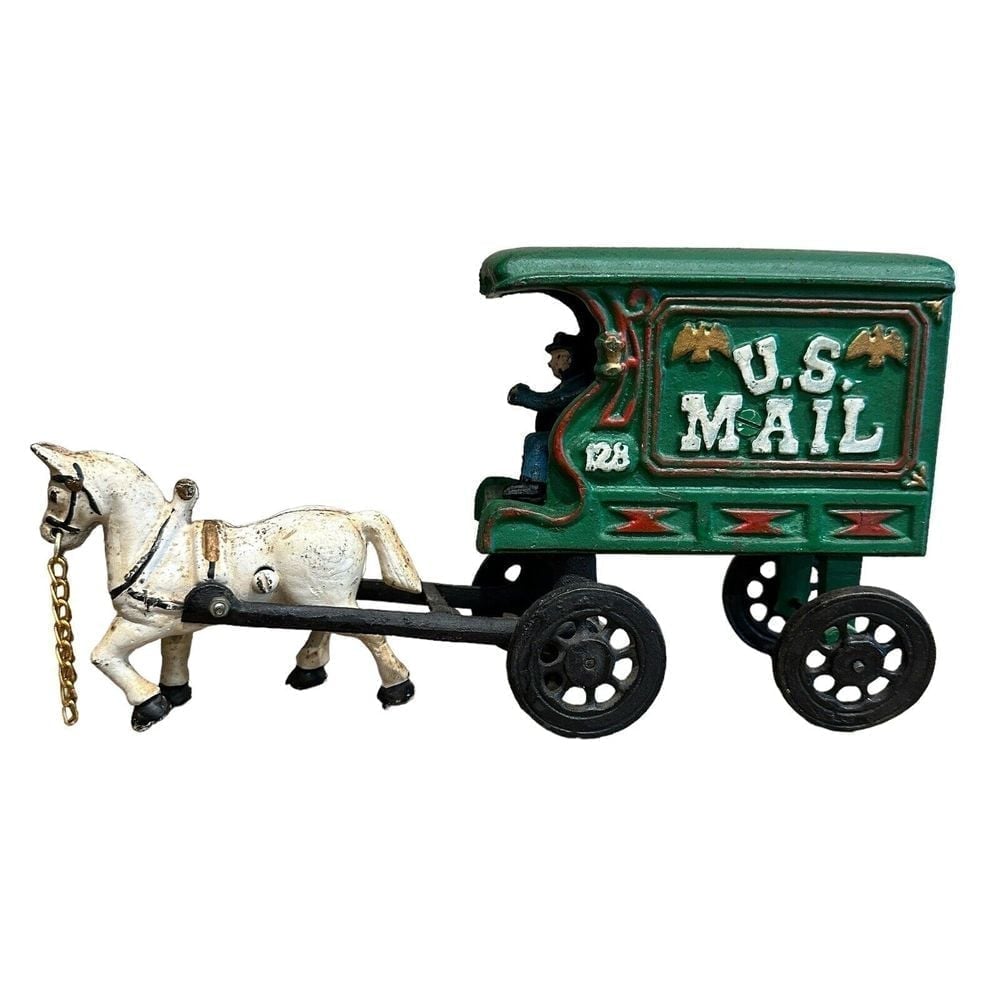 Hubley US Mail 128 Wagon Horse Driver Cast Iron Toy Post Office Transport VTG