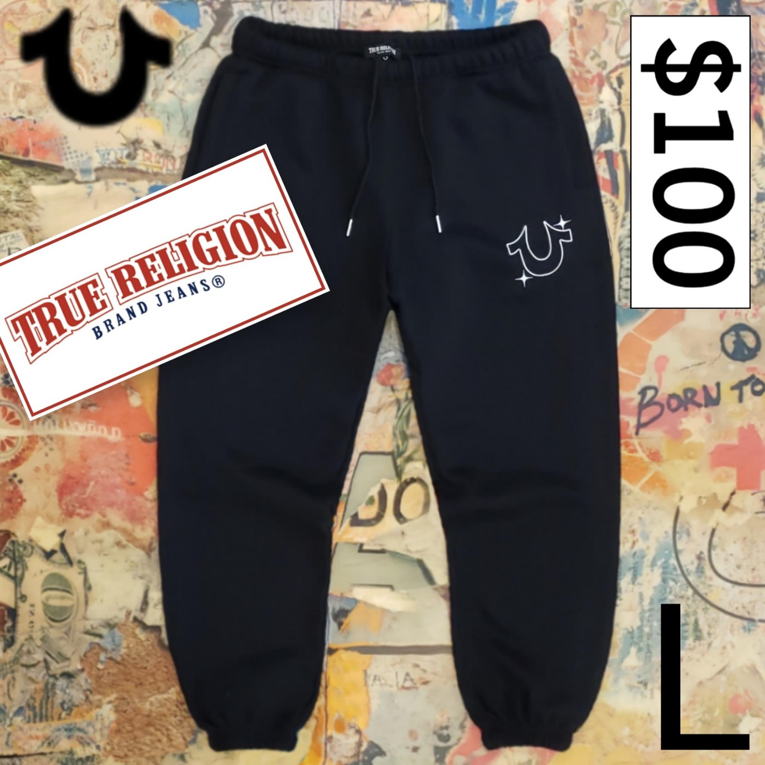 $100 New True Religion Mens Black Fleece Star Joggers / Sweatpants! L