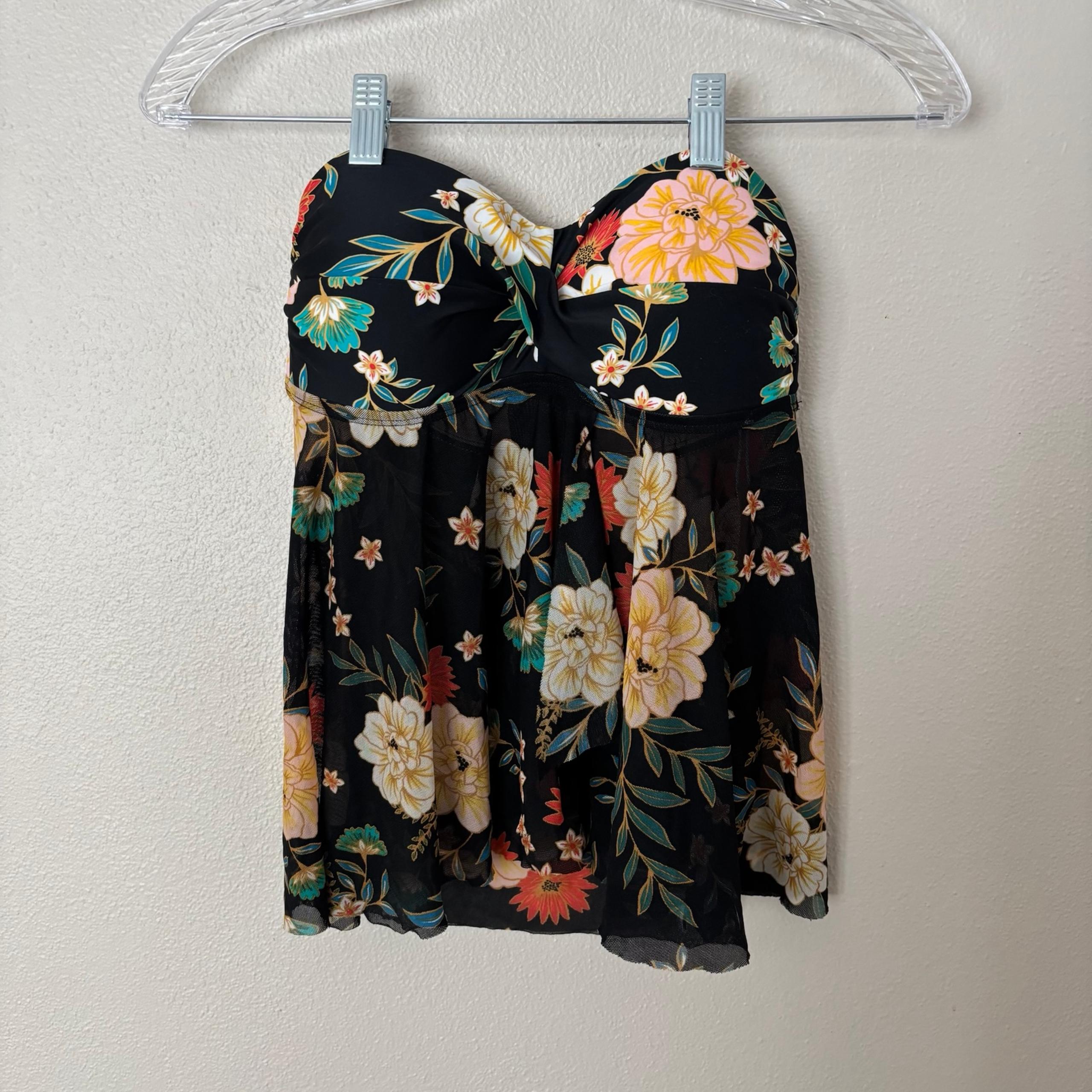 Kona Sol Women’s Strapless Or Strap Bikini Top XS Black Floral Print Swim