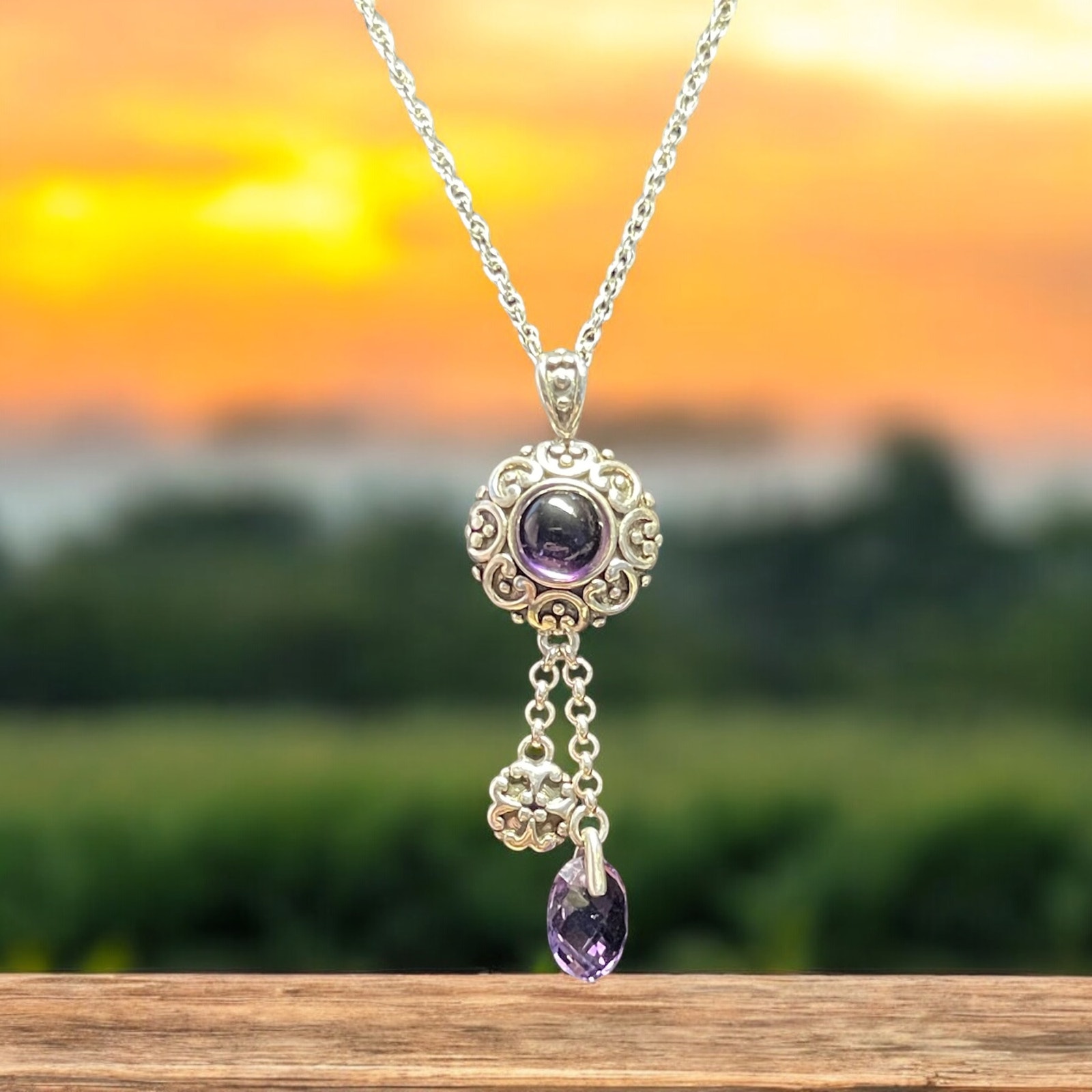 Genuine Purple Amethyst Pendant Necklace 925 Sterling Silver