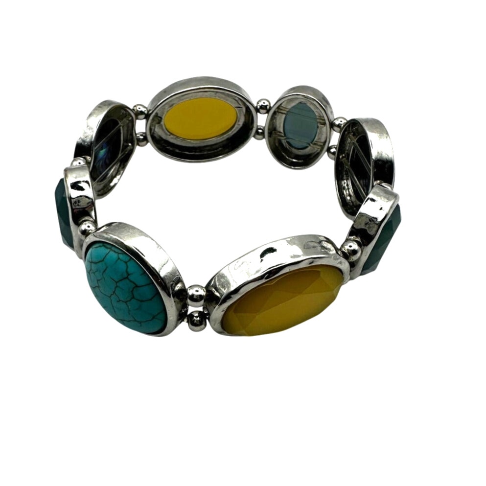 Casual Chunky Stretch Bracelet Silver tone mixed stone faceted Costume Jewelry