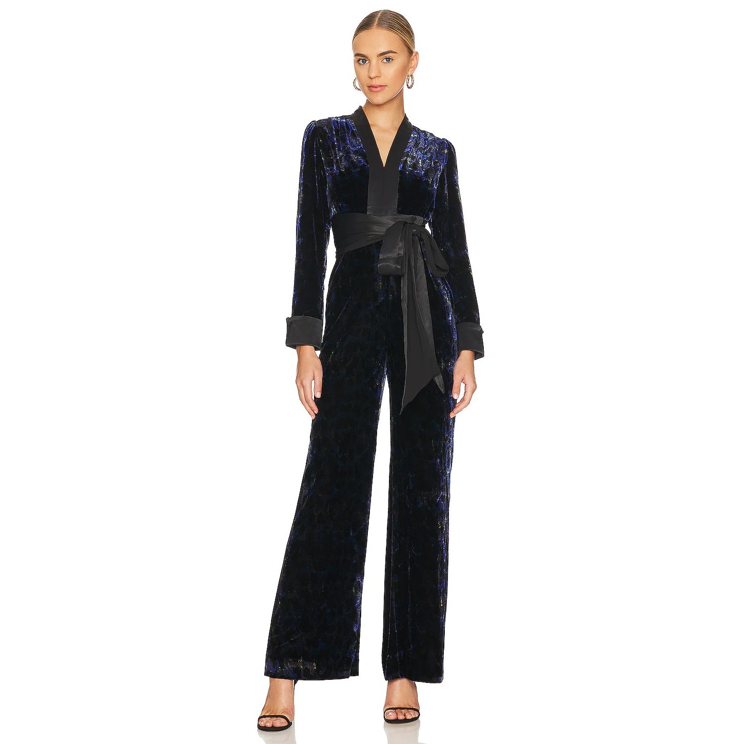 Diane von Furstenberg Vegas Jumpsuit Long Sleeve Velvet Leopard Sapp Blue Sz 00