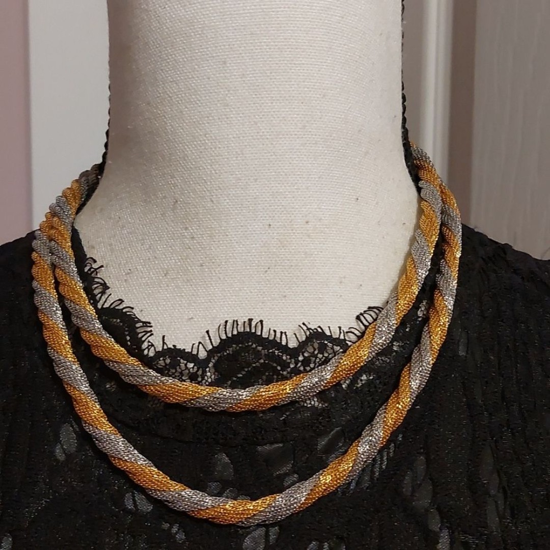Vintage Signed Twisted Two Tone Rope Chain Double Strand Choker Necklace