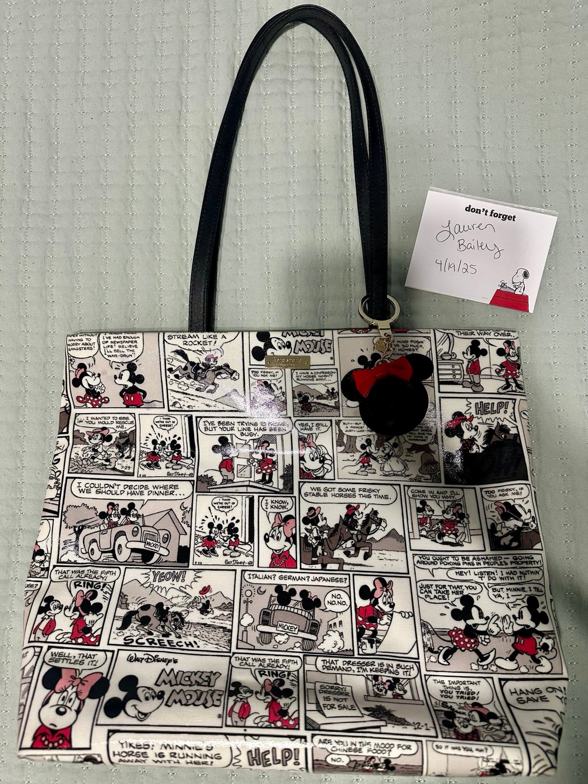 Kate Spade Disney Minnie/Mickey comic strip print tote bag with keychain