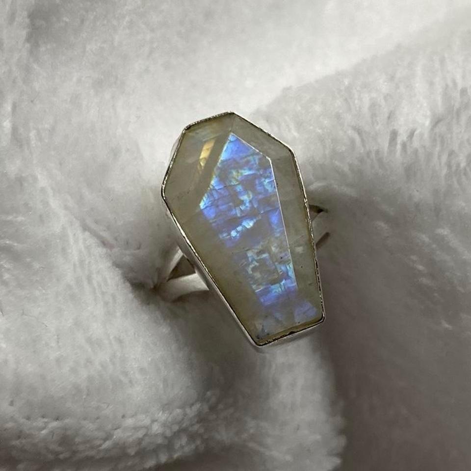 925 Silver Rainbow Moonstone Coffin Ring