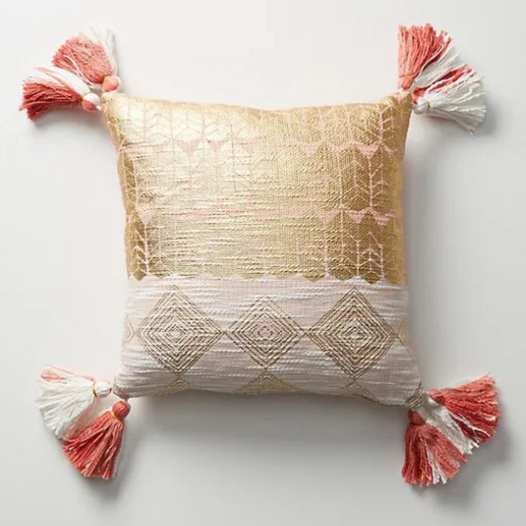 Anthropologie Gold / Pink Marcona Pillow with Tassels, 18” x 18”