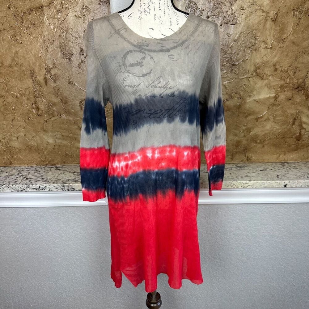 NWT Cynthia Ashby Mesh Tunic Dress Women's Small Tie-Dye Red Blue Tan Stripe